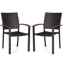 2 pcs Patio Dining Armchair Stackable Rattan Wicker Chairs