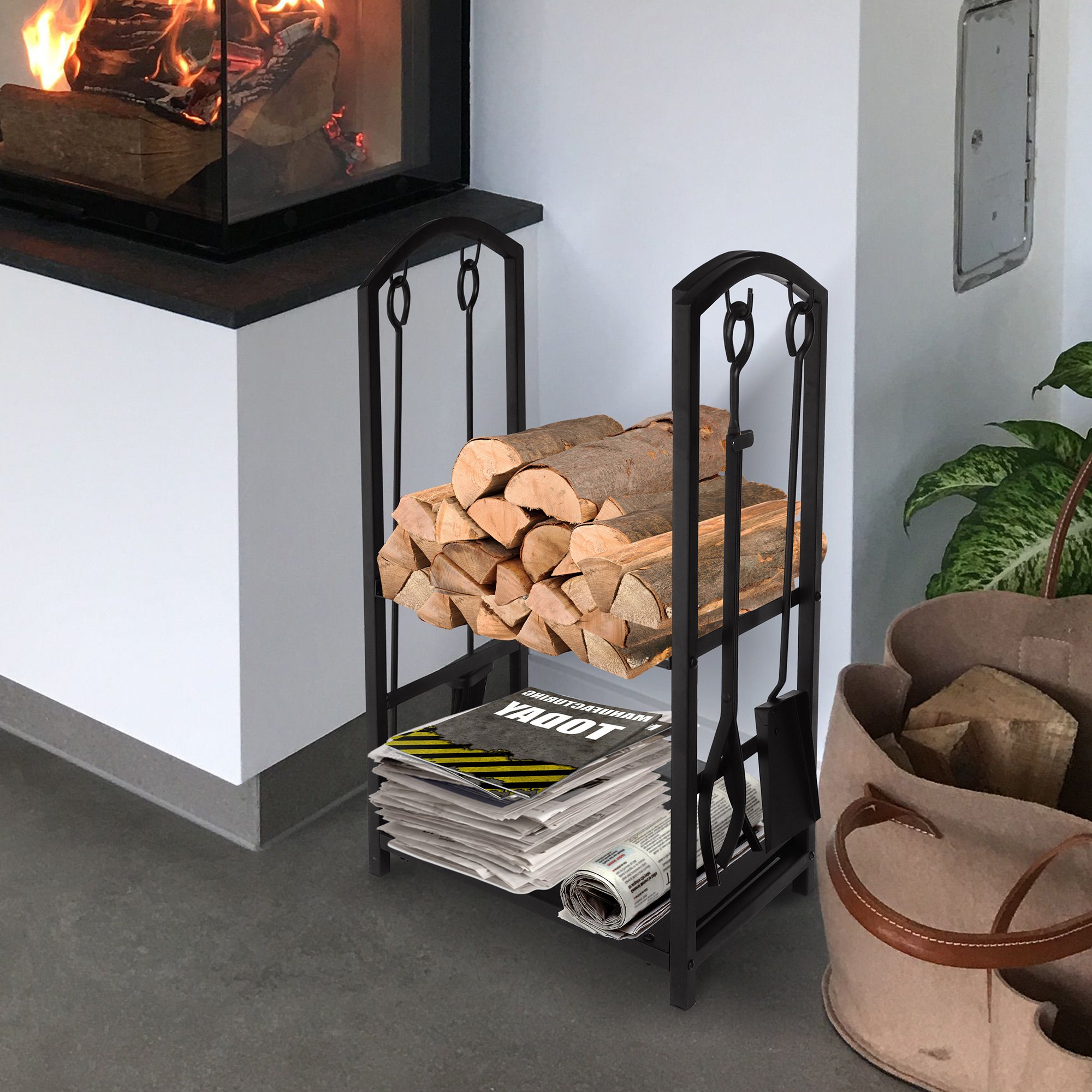 17.8x11.8x 29.3in Firewood Log Rack ; Black Wrought Iron Steel Frame Firewood Storage Holder with 4 Tools; for Fire Pit Fireplace; Black 17.8x11.8x 29.3in Firewood Log Rack ; Black Wrought Iron Steel Frame Firewood Storage Holder with 4 Tools; for Fire Pit Fireplace; Black