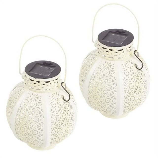 Set of 2 Solar Outdoor Lights - Hanging or Tabletop Rechargeable LED Lantern Set with 2 Shepherd Hooks for Outdoor Decor by Pure Garden (White) Set of 2 Solar Outdoor Lights - Hanging or Tabletop Rechargeable LED Lantern Set with 2 Shepherd Hooks for Outdoor Decor by Pure Garden (White)