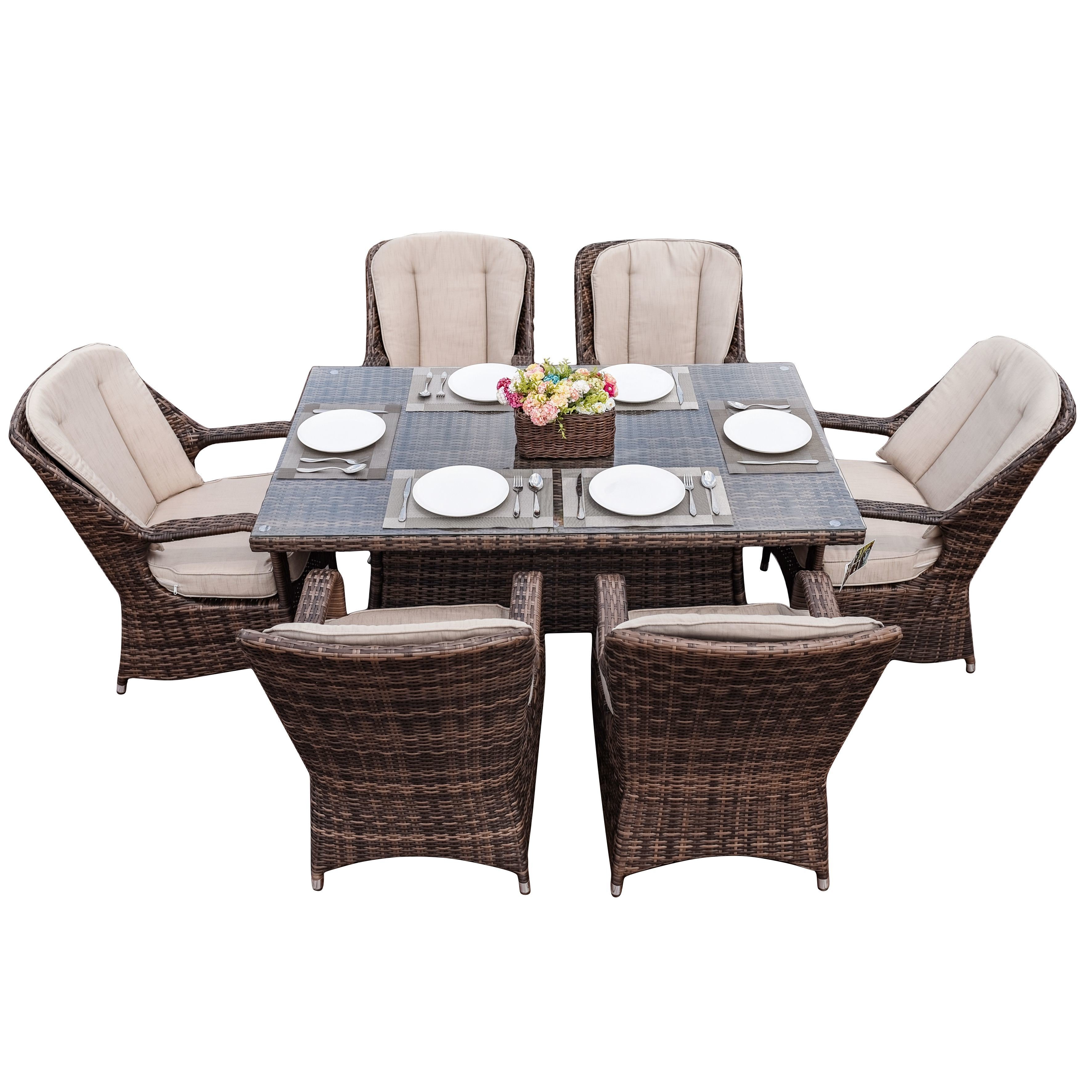 Direct Wicker Patio 7-Piece Brown Wicker Dining Set with Rattan Table and Armchair Direct Wicker Patio 7-Piece Brown Wicker Dining Set with Rattan Table and Armchair